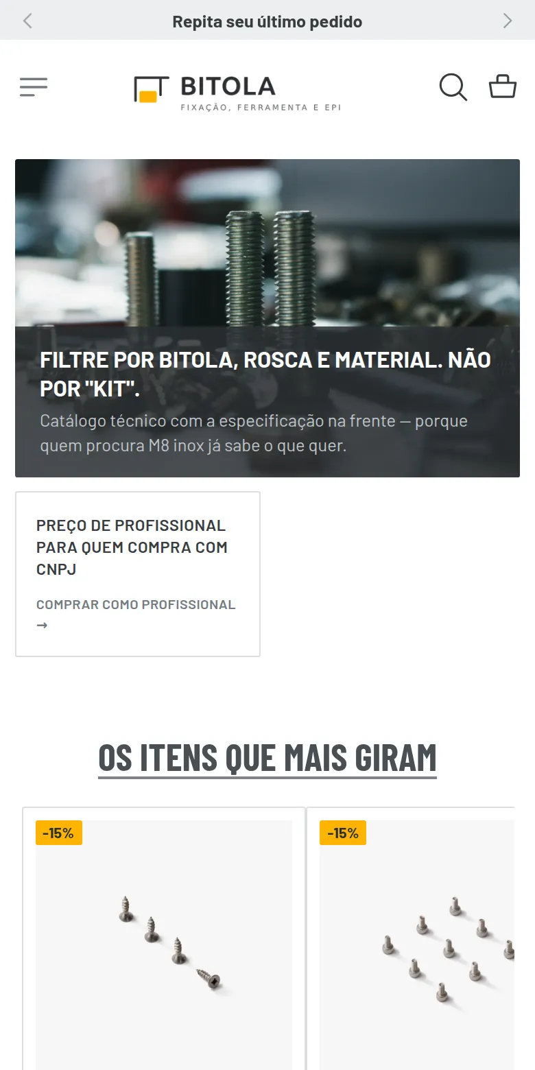 Primeira dobra da loja de demonstração Bitola no celular