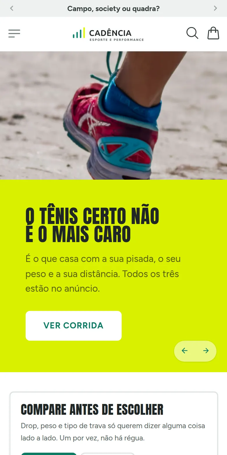 Primeira dobra da loja de demonstração Cadência no celular