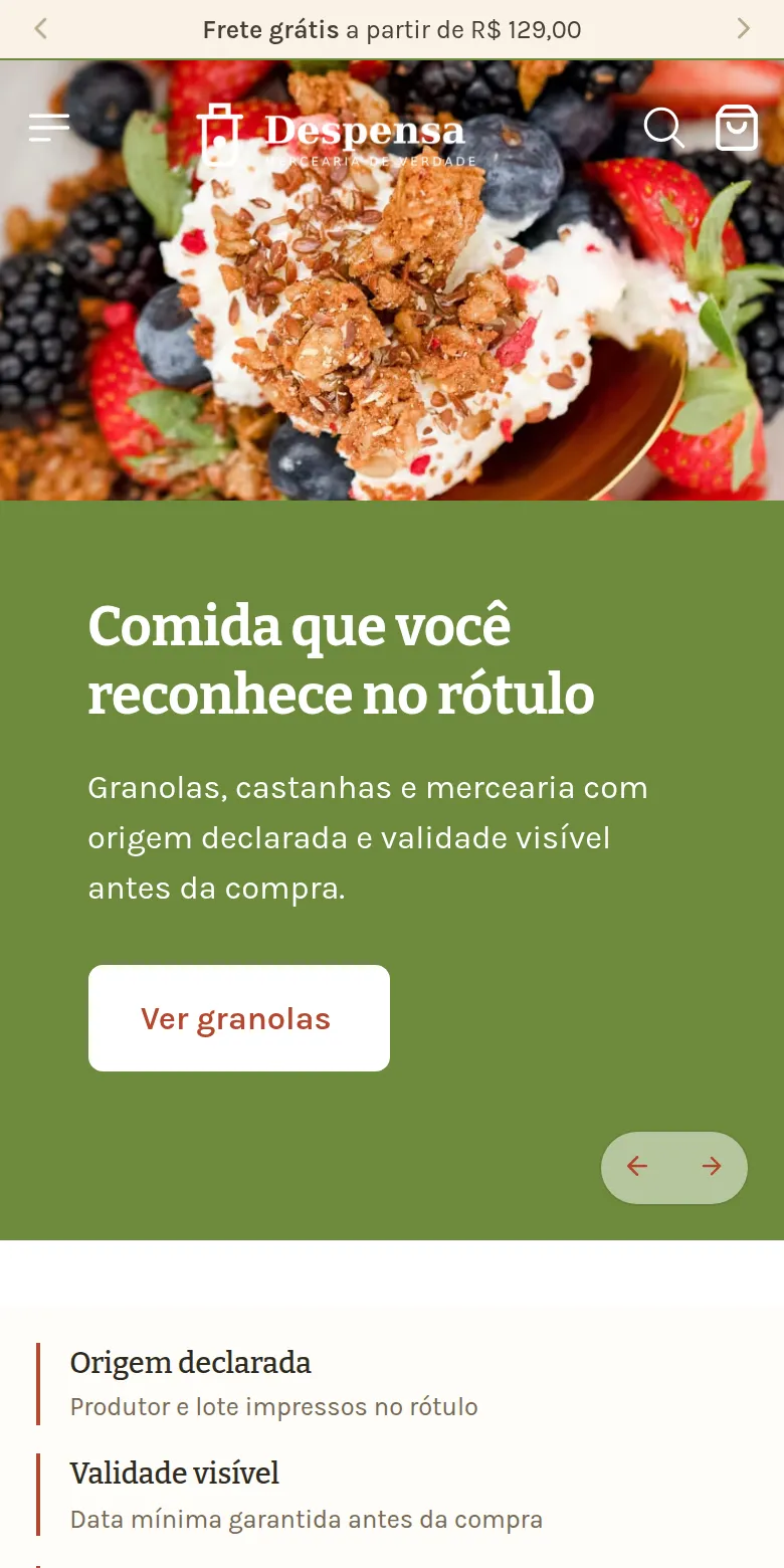 Primeira dobra da loja de demonstração Despensa no celular