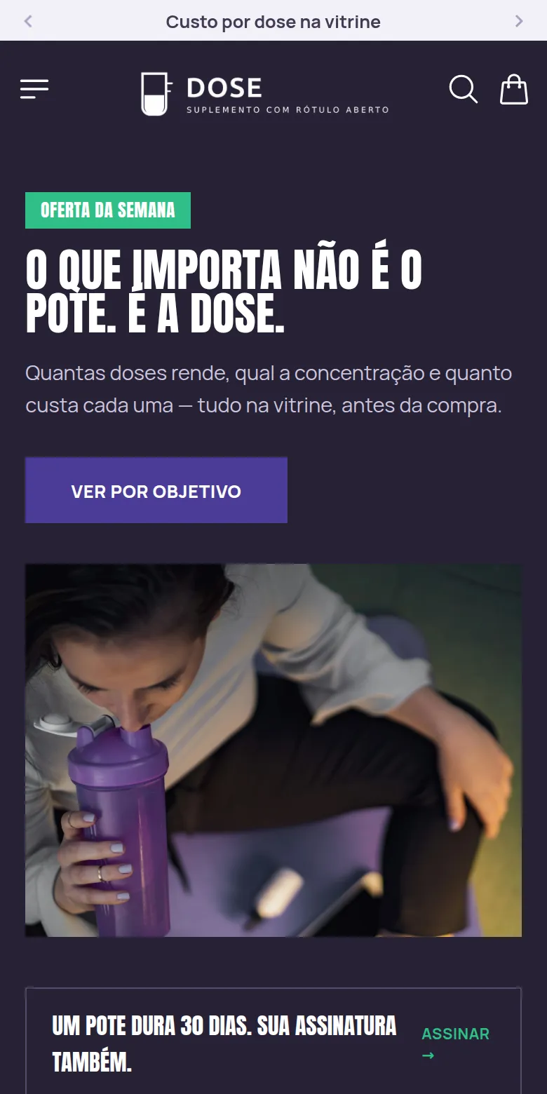 Primeira dobra da loja de demonstração Dose no celular
