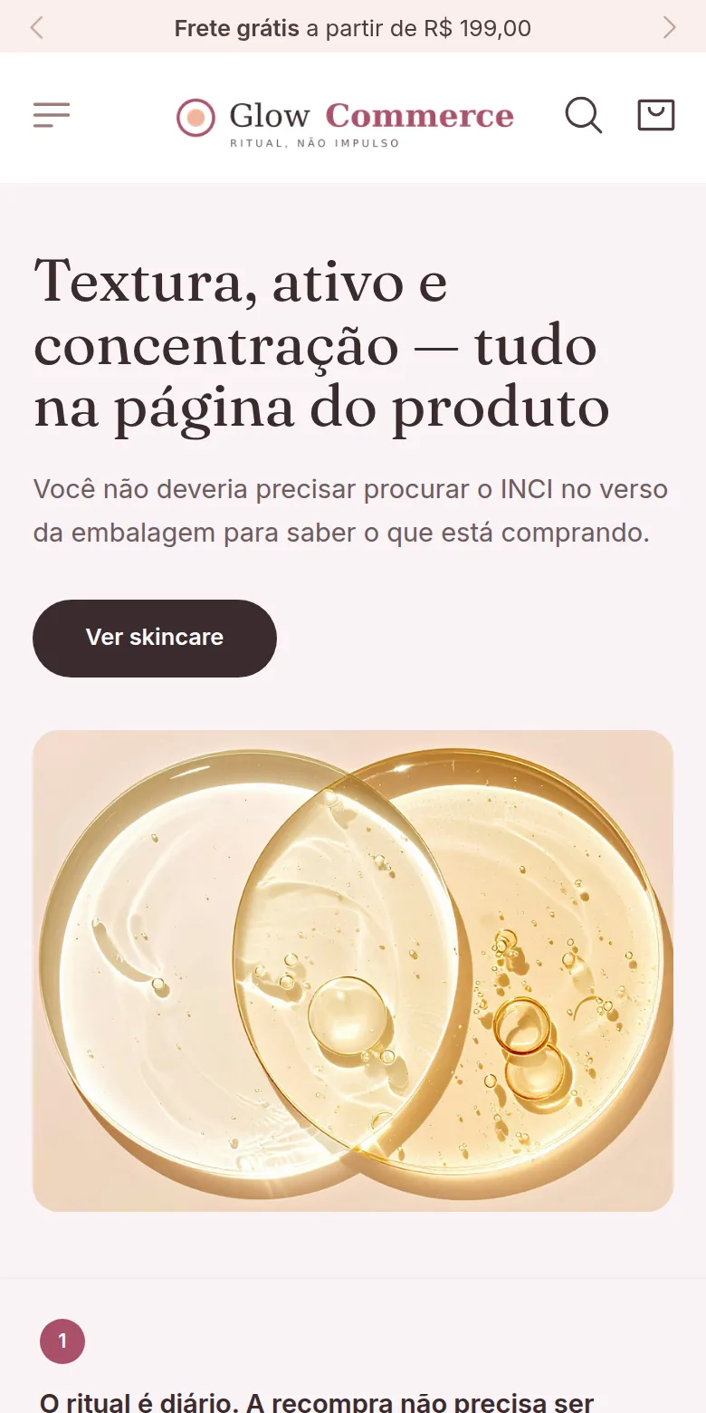 Primeira dobra da loja de demonstração Glow Commerce no celular