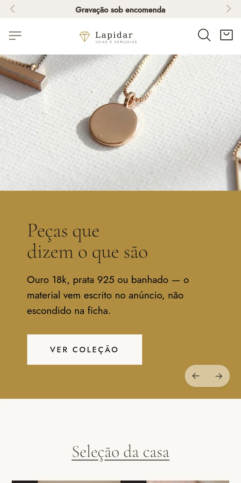 Primeira dobra da loja de demonstração Lapidar no celular