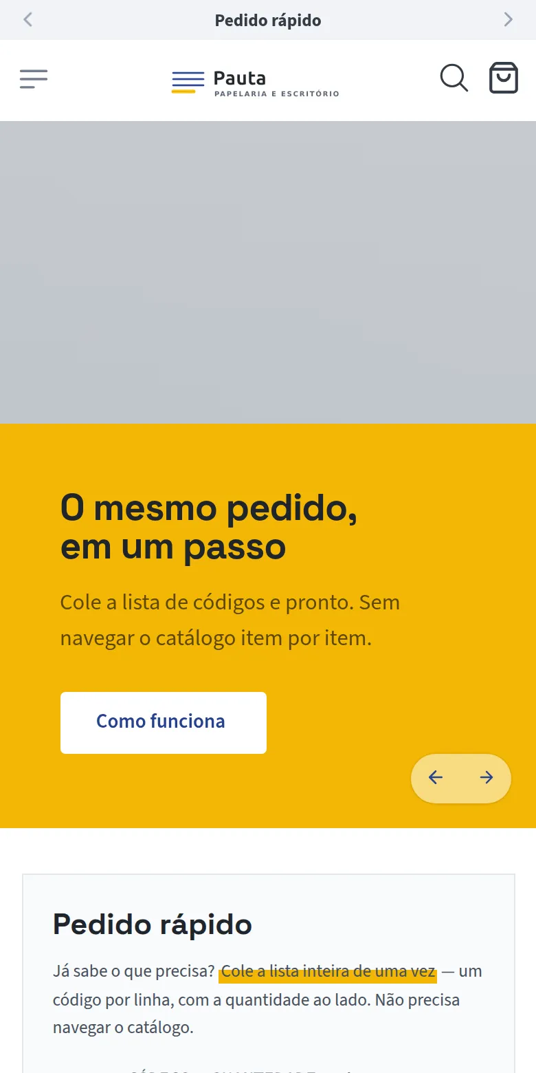 Primeira dobra da loja de demonstração Pauta no celular