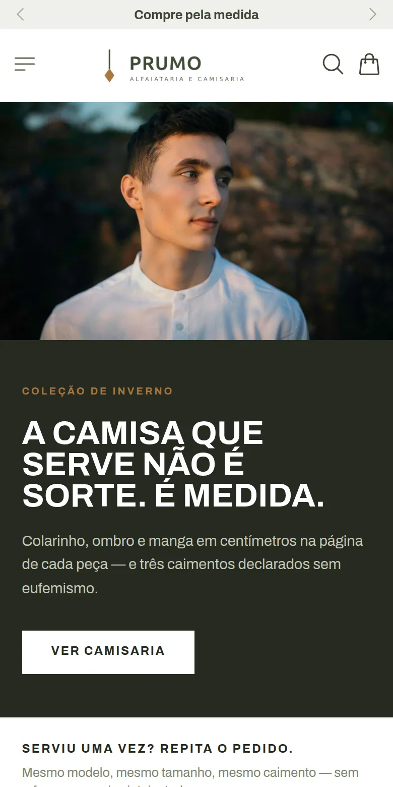 Primeira dobra da loja de demonstração Prumo no celular